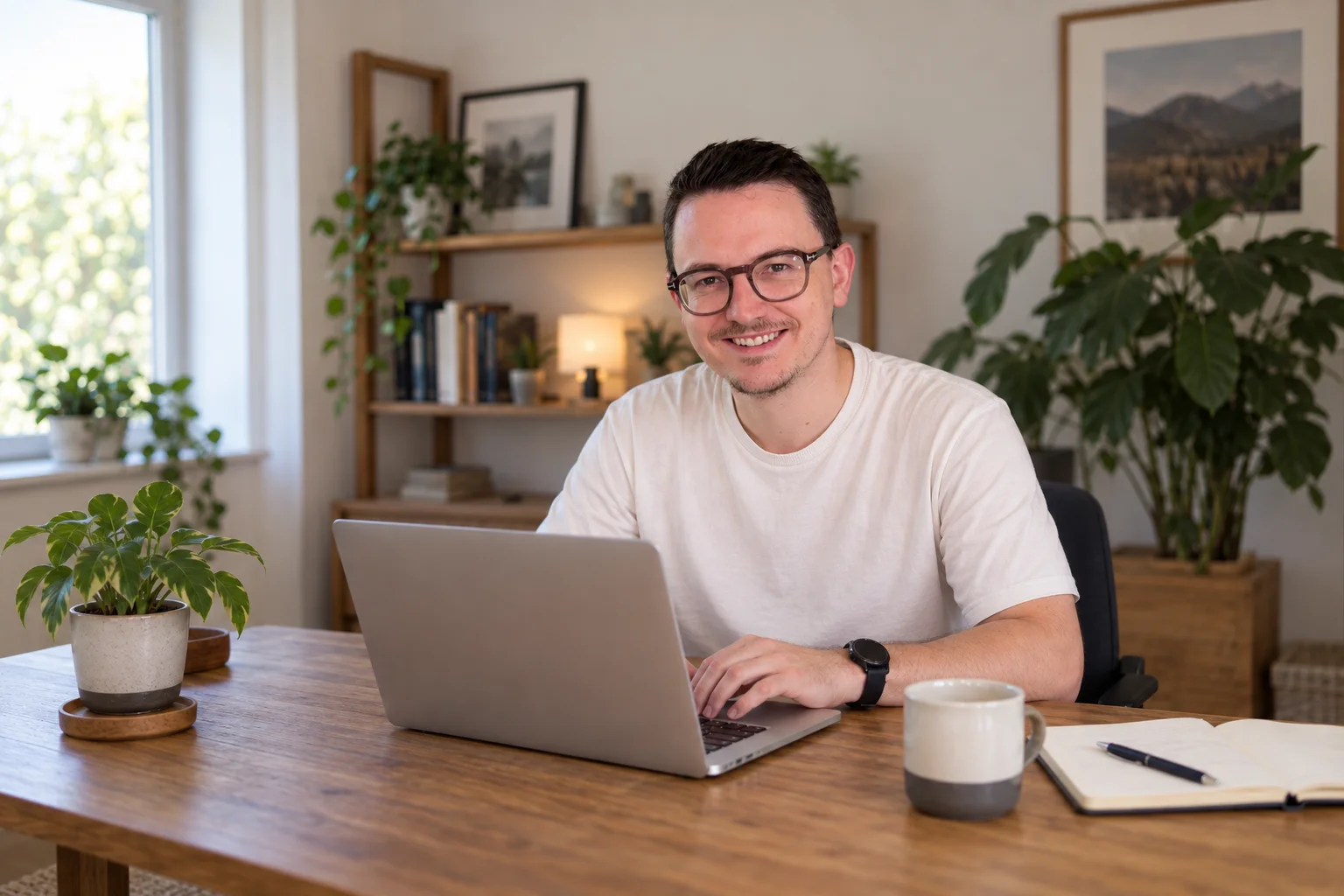 Rino de Boer at his desk in his home office, looking up from his laptop